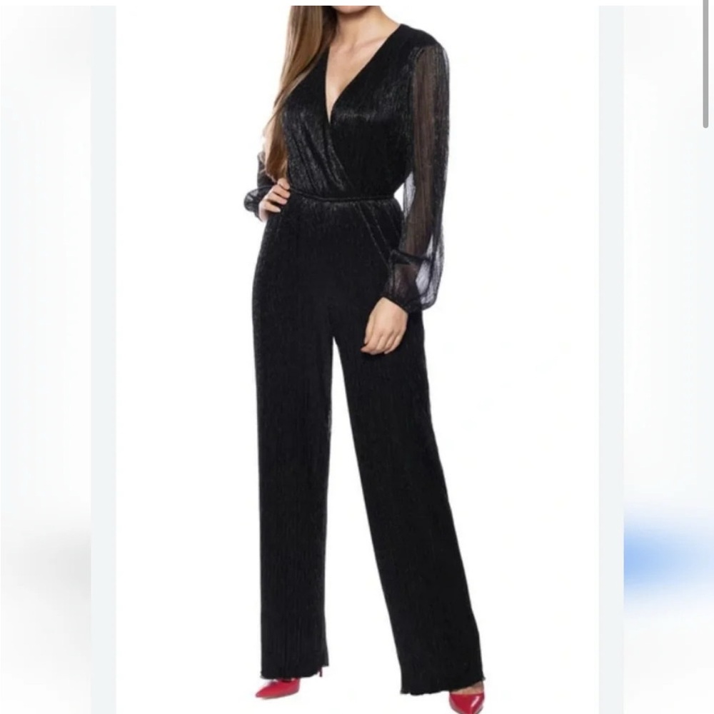 NWT Marina Womens Black Metallic Blouson Long Sleeve Jumpsuit